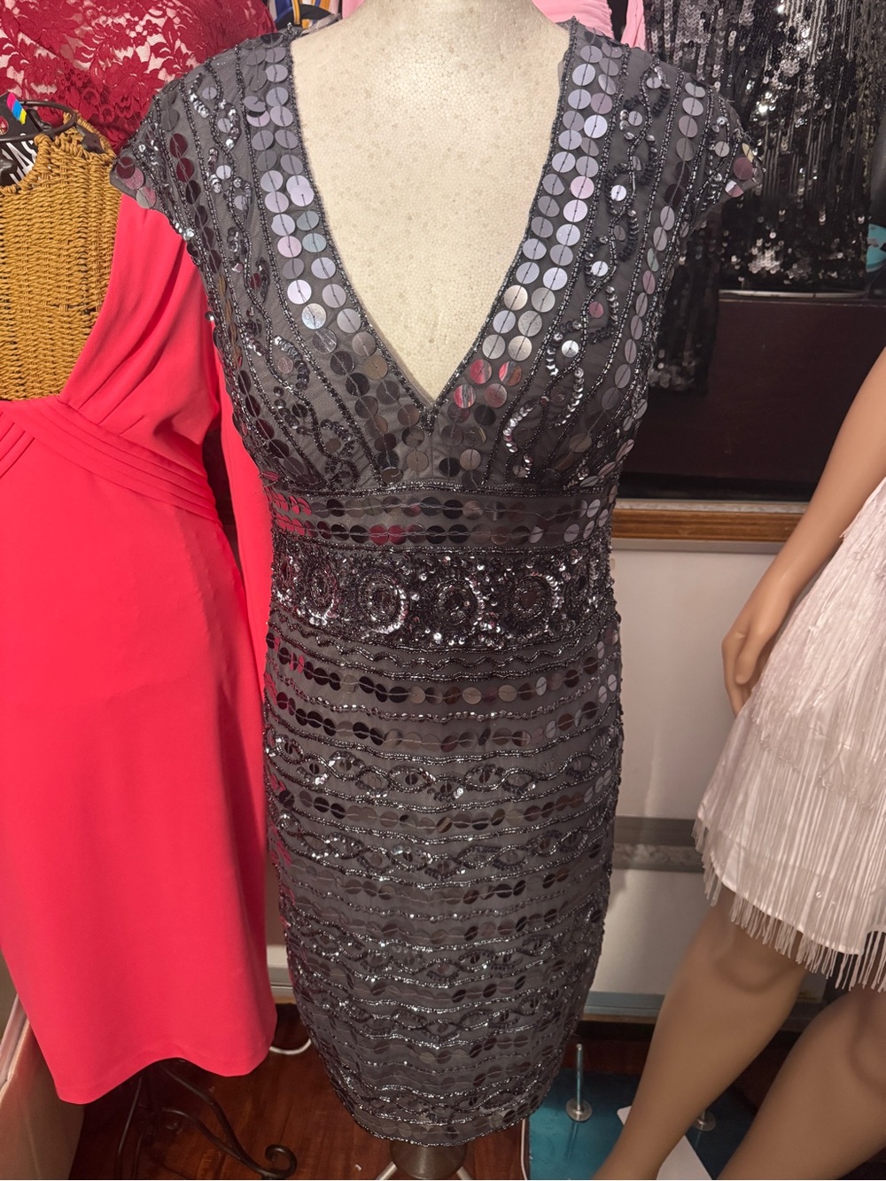Night Way Collections Gray Sequin V-Neck Evening Dress